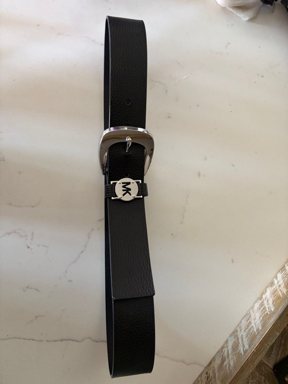 Michael Kors Black Leather Belt with Silver MK Charm, S, brand new with tag